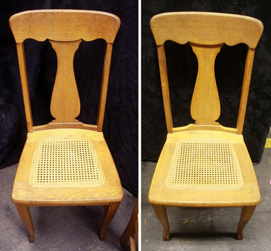 Pair Vintage Antique Old Reclaimed Salvaged Oak Wood Wooden Fiddle Bck Side Dining Chair Caned Seat