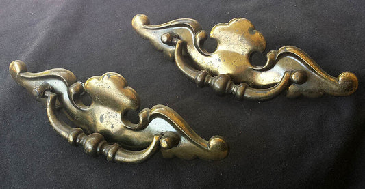 Pair Vintage Old Reclaimed Salvaged Colonial Brass Dresser Chest Drawer Furniture Drop Pulls Handle