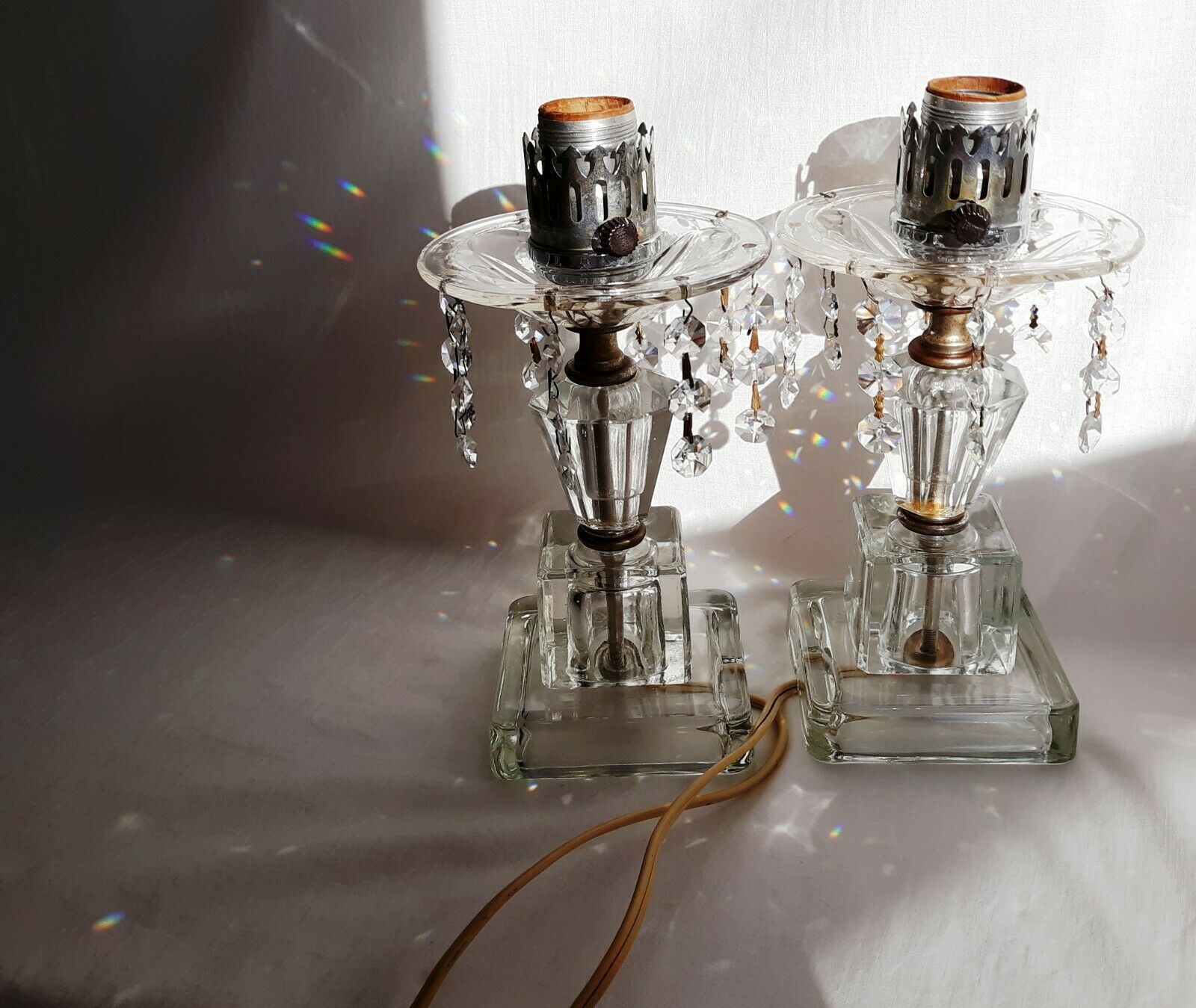 Pair of Pressed Glass Lamps with Crystal outlet Accents