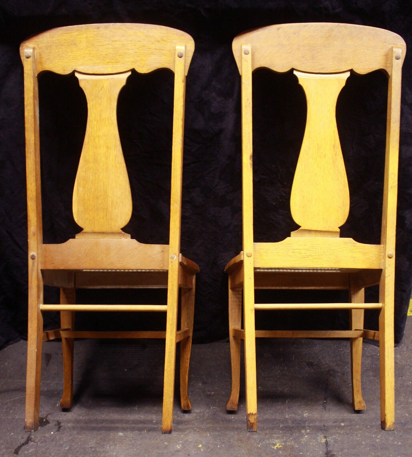 Pair Vintage Antique Old Reclaimed Salvaged Oak Wood Wooden Fiddle Bck Side Dining Chair Caned Seat