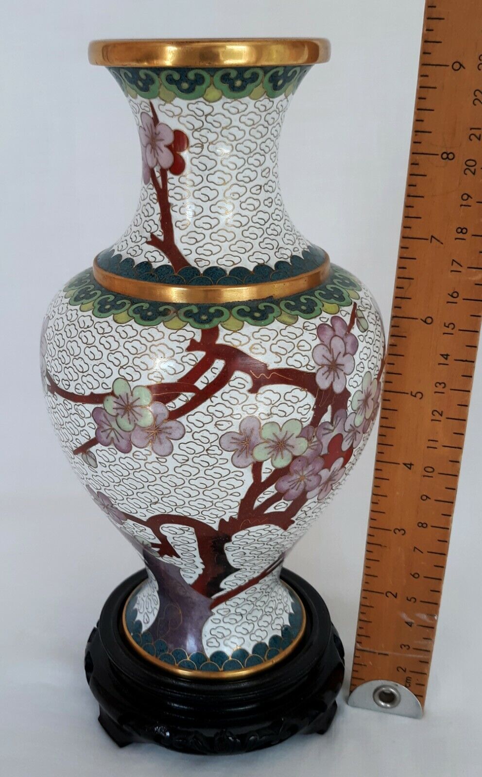Chinese Enamel Brass Cloisonné Vase Gilt Cherry Blossom Bird Asian