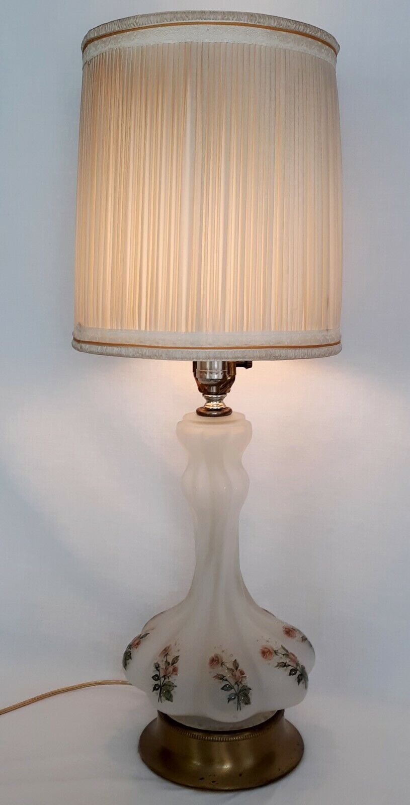 Vintage Table Lamp Off White Glass Brass Base Fine Painted Pink