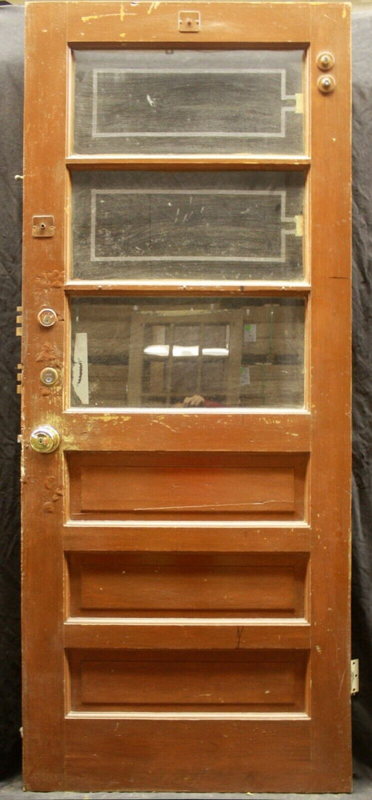 32"x79" Antique Vintage Old Reclaimed Salvaged SOLID Wood Wooden Entry Door 3 Window Glass 3 Panels