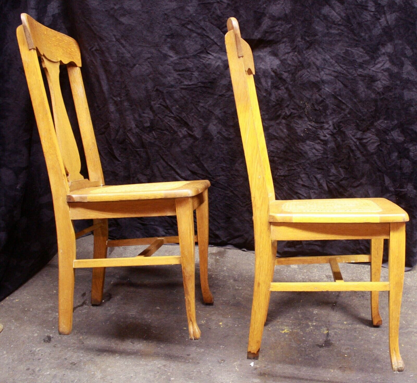 Pair Vintage Antique Old Reclaimed Salvaged Oak Wood Wooden Fiddle Bck Side Dining Chair Caned Seat