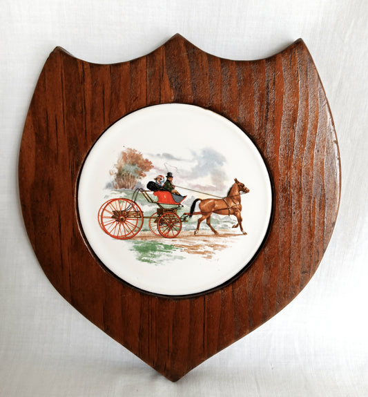 Vintage Pair Wall Hanging Plaques Wooden Shield w/ Hand Painted Ceramic Tile Wall Decor Fine Artwork- Made in England