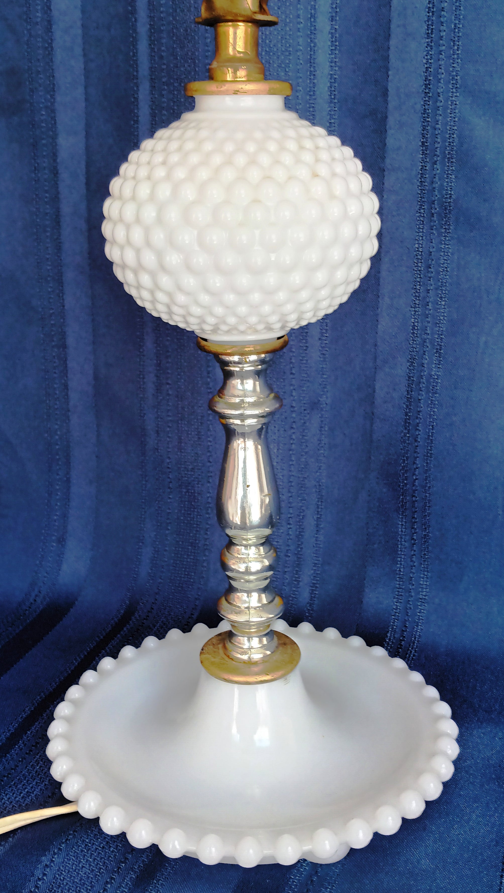 Milk Glass Hobnail Table Lamp, Boudoir Lamp, Mid Century Lamp, Vintage Milk Glass lamp with off white Filigree base, 1950's popular Glass Lamps