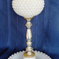 Vintage White Milk Glass Beaded Hobnail Table Lamp Desk Boudoir Bedroom Vanity Footed w/Harp + Finial 22 1/4" Tall