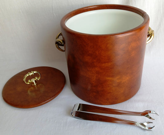 Vintage Kraftware Ice Bucket Beer Cooler Cognac Color Faux Leather Brass Plated Handles Knob Stainless Steel Tongs Retro Barware Man Cave