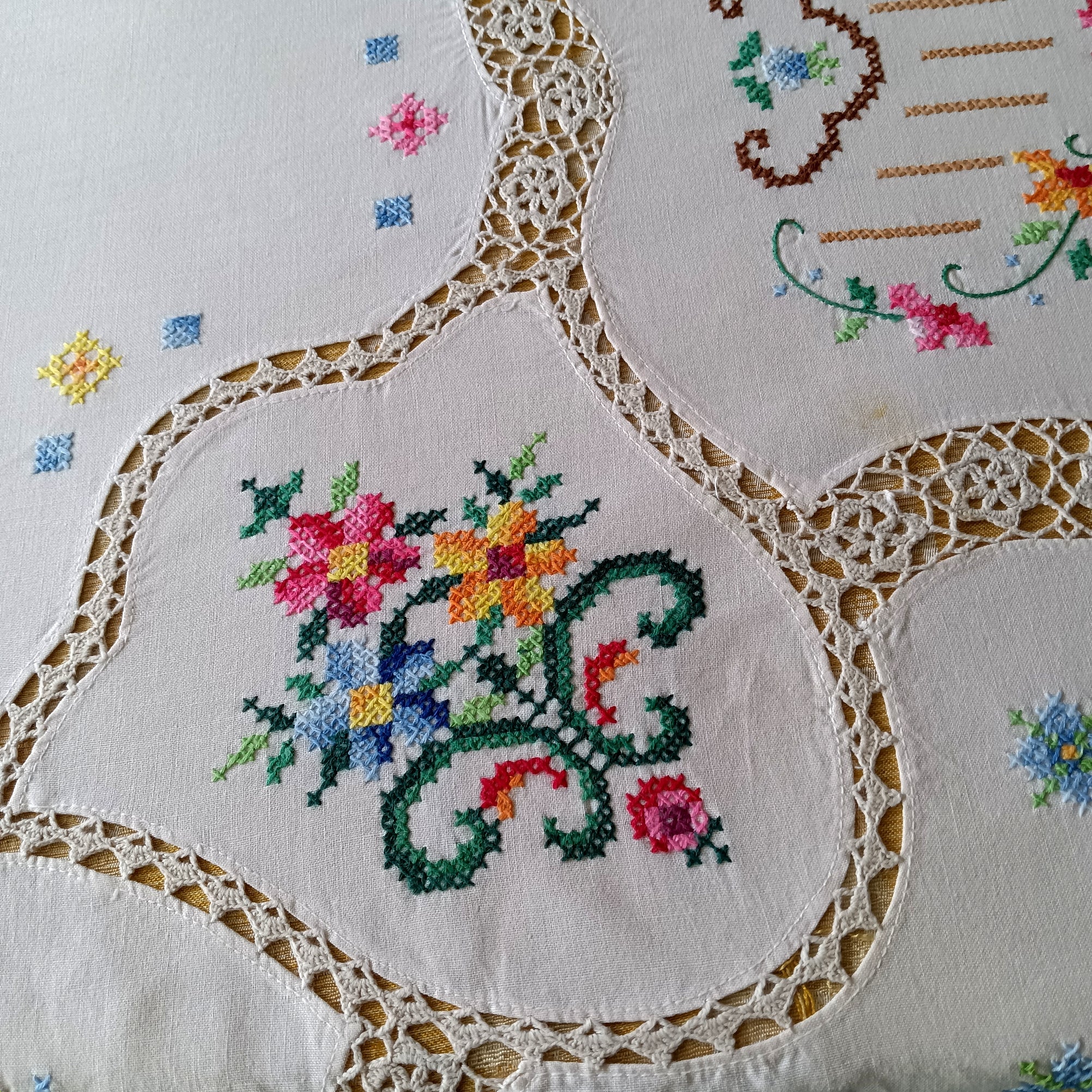 Handmade 19JH,Antique linen undyed, shops embroidered flowers,Crochet lace