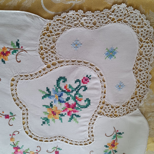 Vintage Handmade Crochet Lace Embroidered Cross Stitch Floral Beige Linen Medallion Rectangle Tablecloth Dining Table Cover 64” W x 94“ L