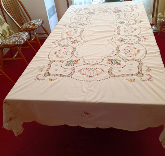 Vintage Handmade Crochet Lace Embroidered Cross Stitch Floral Beige Linen Medallion Rectangle Tablecloth Dining Table Cover 64” W x 94“ L