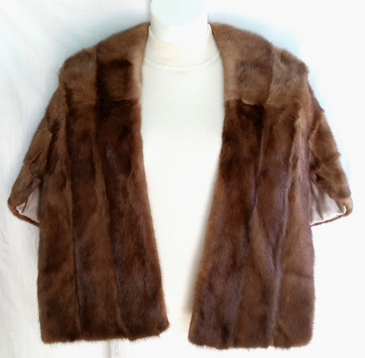 Real Mink Fur Brown Cape Stole Open Front High Shawl Collar Pockets Custom Made Women Wedding Bridal Bolero Size L-Mint Condition