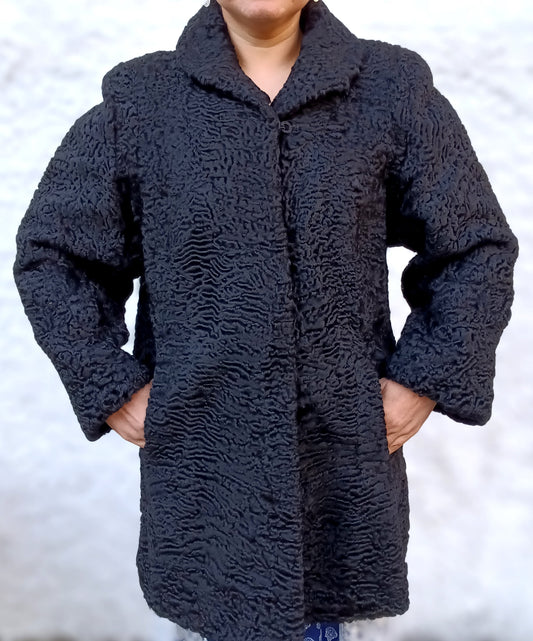 Vintage Black Fur Astrakhan Karakul Persian Lamb Coat Women Winter Coat Genuine Fur Coat - Size M