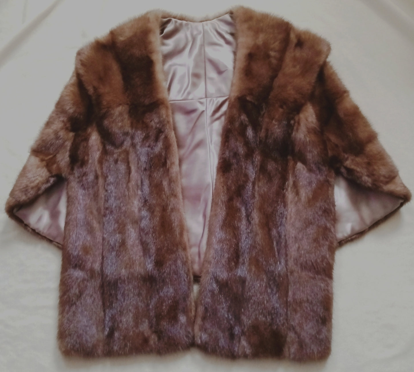 Real Mink Fur Brown Cape Stole Open Front High Shawl Collar Pockets Custom Made Women Wedding Bridal Bolero Size L-Mint Condition