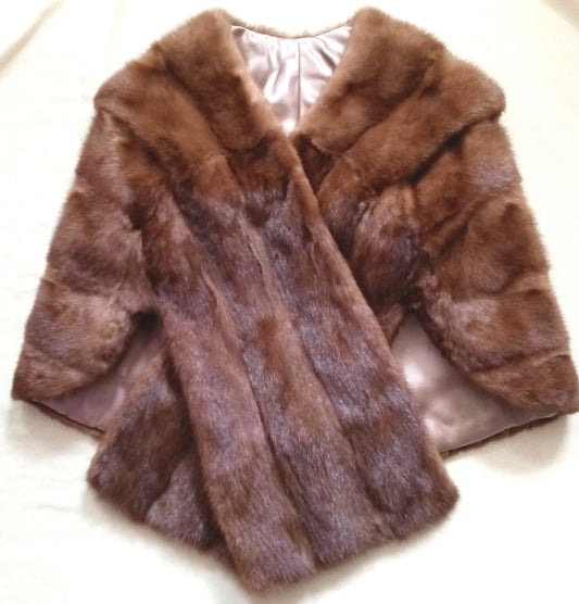 Real Mink Fur Brown Cape Stole Open Front High Shawl Collar Pockets Custom Made Women Wedding Bridal Bolero Size L-Mint Condition