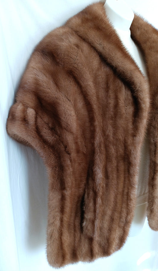 Medium Brown Real Mink Fur Cape Stole Open Front High Shawl Collar Lining Pockets Women Wedding Bridal Bolero Wrap Size XL