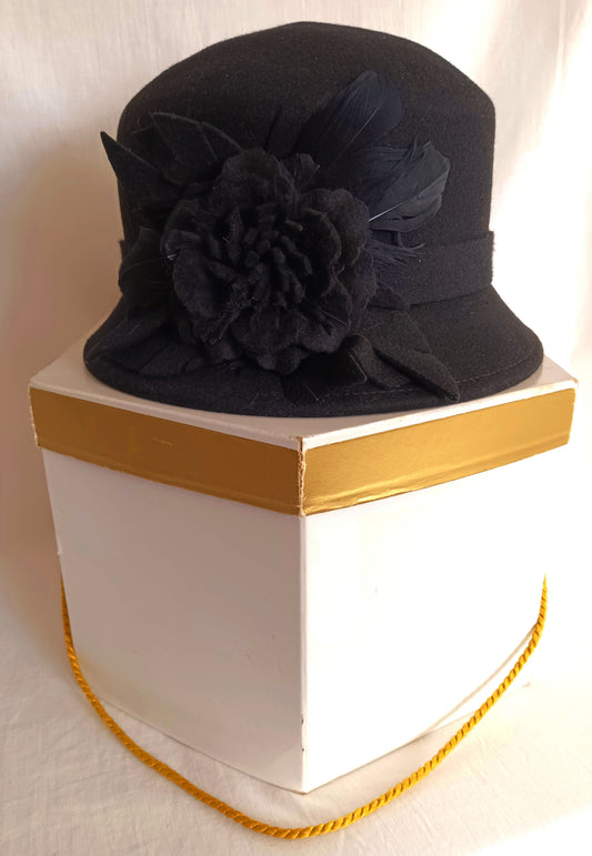 Vintage Women Hat Elegant Adora Black Wool Cloche Bowler Bucket Cap Black Felt Feather Flower Accent Trim Brim Lady Headwear Size 22 w/Box