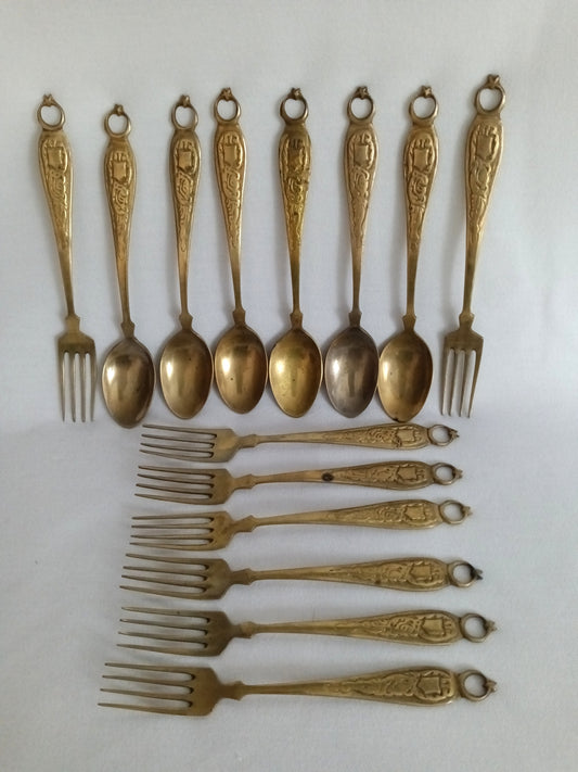 Turkish Brass Embossed Matching14 Demitasse Serving Spoons and Forks Islam Muslim Tableware Star Moon Collectible Tableware Marked ISTAMBUL