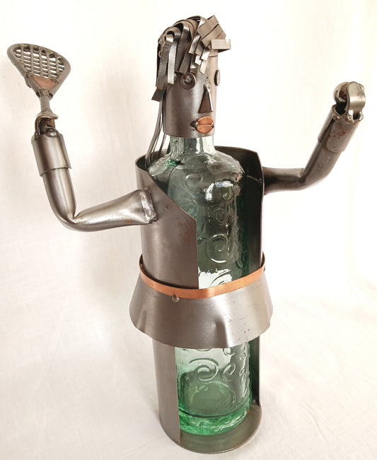 Metal Art Sculpture Female Tennis Player Figurine Steel Copper Wine Bottle Holder Caddy w/ Embossed Green Glass Bottle