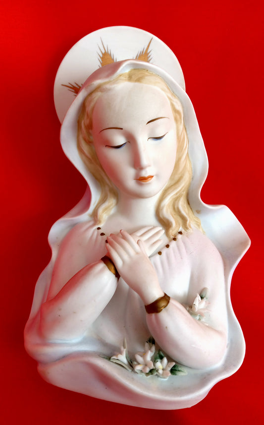 Lefton China Mary Madonna Bust Figurine Hand Painted Gilded Pastels Bisque Porcelain Statuette Catholic Religious Décor 7 1/2"H-Japan