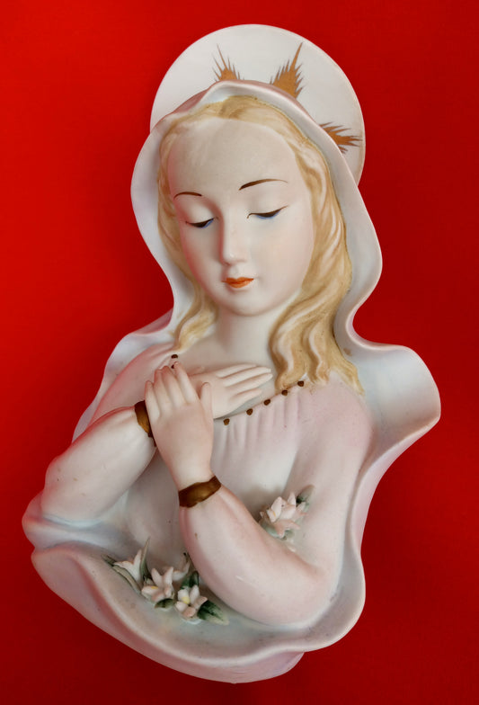 Lefton China Mary Madonna Bust Figurine Hand Painted Gilded Pastels Bisque Porcelain Statuette Catholic Religious Décor 7 1/2"H-Japan