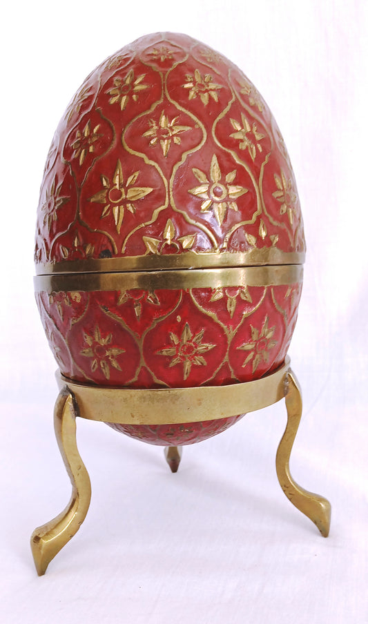 Vintage Cloisonné Large Egg Shaped Red Enamel Brass Floral Design Egg Opens in the Middle Solid Brass Stand Trinket Box-Made in India